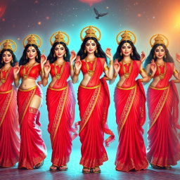 A group of stunning divine goddesses, each with beautiful and radiant faces, wearing exquisite red sarees that elegantly highlight their figures and sexy navels