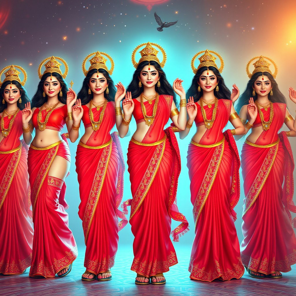 A group of stunning divine goddesses, each with beautiful and radiant faces, wearing exquisite red sarees that elegantly highlight their figures and sexy navels