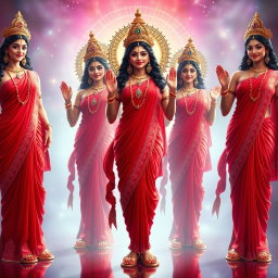 A group of stunning divine goddesses, each with beautiful and radiant faces, wearing exquisite red sarees that elegantly highlight their figures and sexy navels