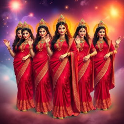 A group of stunning divine goddesses, each with beautiful and radiant faces, wearing exquisite red sarees that elegantly highlight their figures and sexy navels