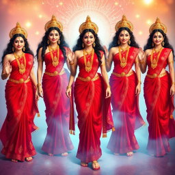 A group of stunning divine goddesses, each with beautiful and radiant faces, wearing exquisite red sarees that elegantly highlight their figures and sexy navels