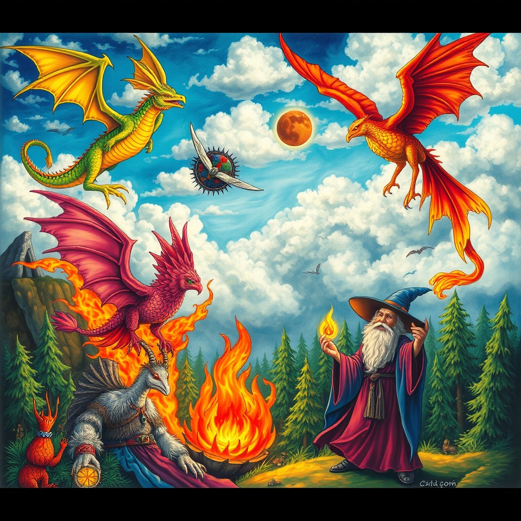 A colorful and artistic representation of various mythical legends from around the world, including a majestic dragon soaring through the sky, a powerful phoenix rising from flames, and a wise old wizard casting spells in a mystical forest
