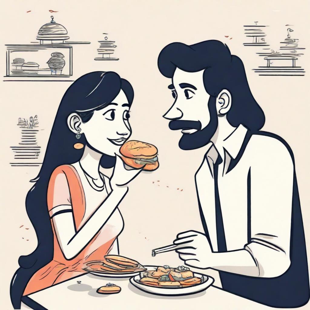 A playful cartoon of a young lady and a man facing each other, joyously eating vadapav, a beloved Indian snack