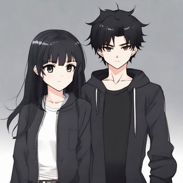 A girl with frizzy black hair and a boy with sleek black hair, both dressed in black, standing close together