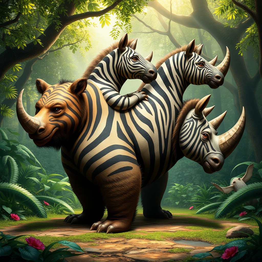 A fantastical creature with the body of a bear, adorned with striped patterns reminiscent of a zebra, and the tough skin of a rhinoceros