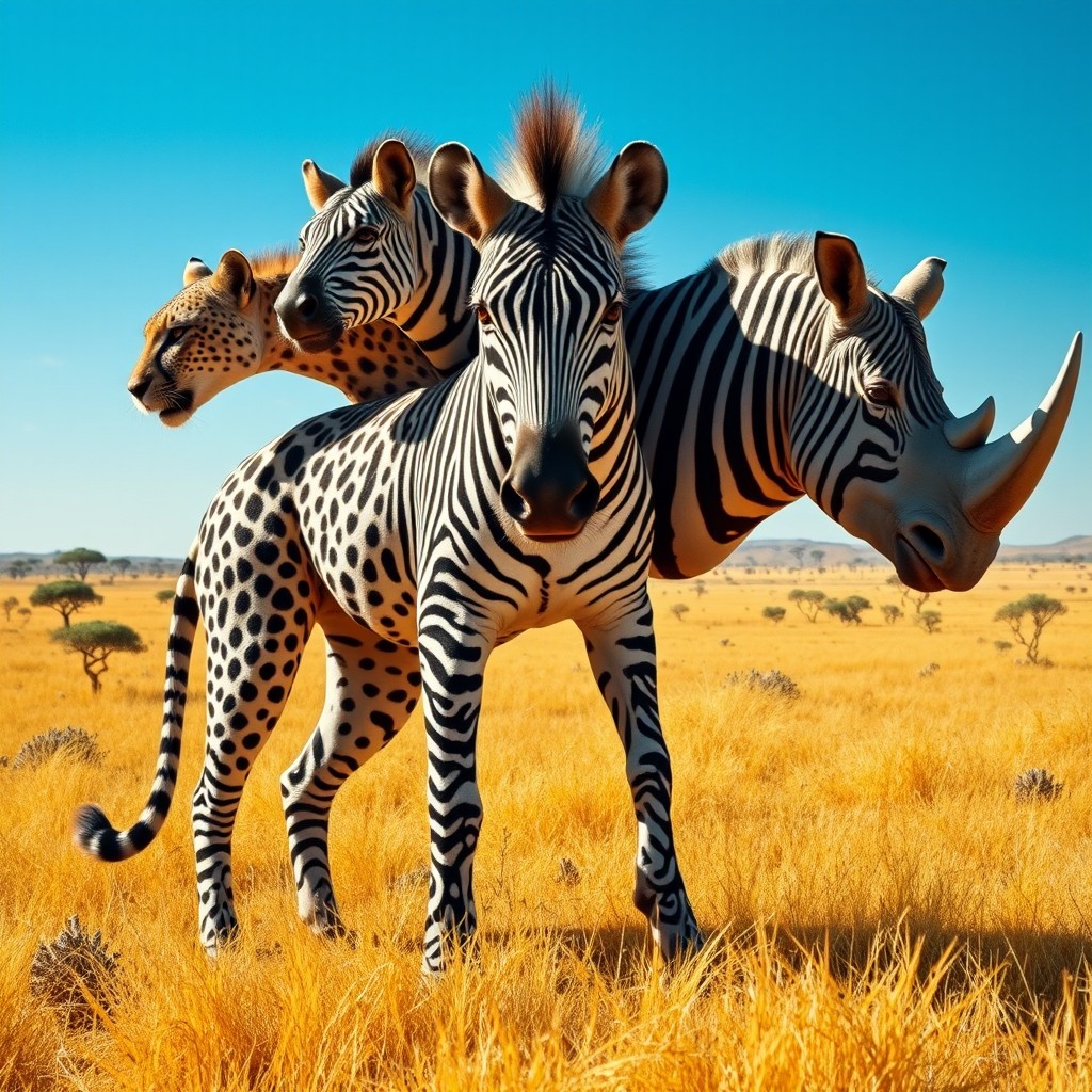 A fantastical creature featuring a three-headed being that combines traits of a cheetah, zebra, and rhinoceros