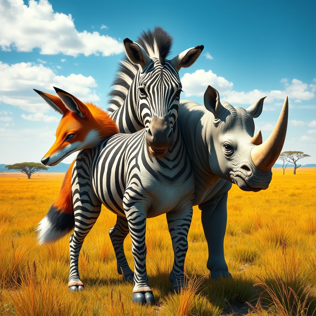 A fantastical creature with three heads: one resembling a fox, one resembling a zebra, and the third resembling a rhino