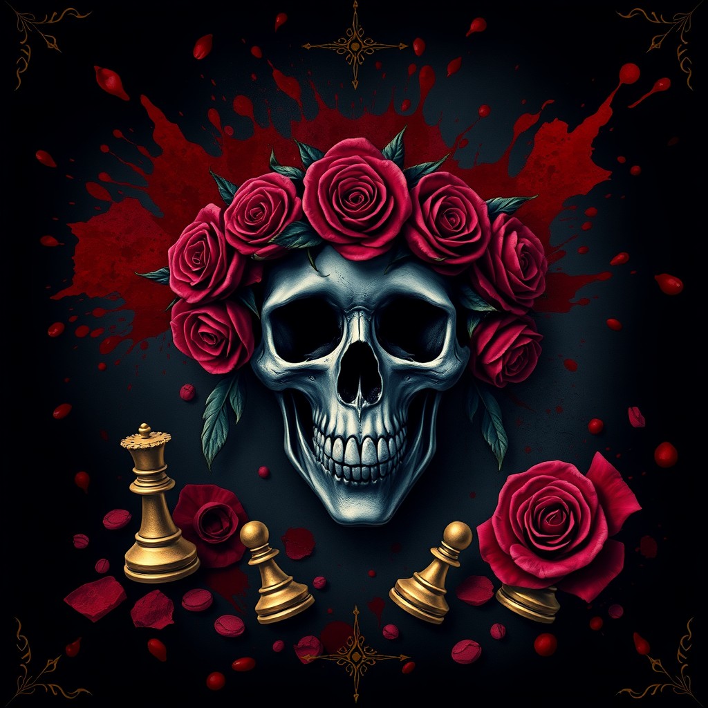 A dark and gothic book cover design featuring a prominent center skull intricately decorated with vibrant roses and sharp thorns intertwined around it