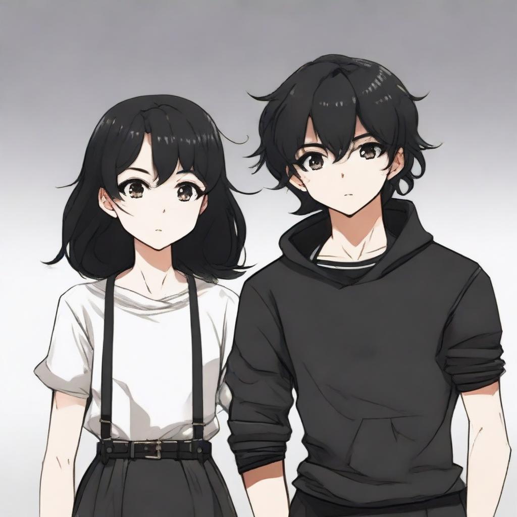 A girl with frizzy black hair and a boy with sleek black hair, both dressed in black, standing close together