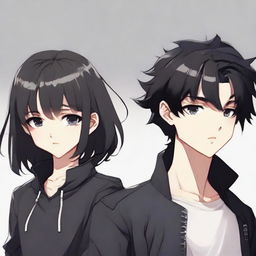 A girl with frizzy black hair and a boy with sleek black hair, both dressed in black, standing close together