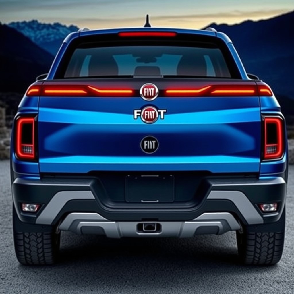 A stunning redesign of the rear of a Fiat Toro pickup truck, featuring a modern, sleek tailgate with dynamic lines and LED taillights, showcasing an innovative and aggressive design