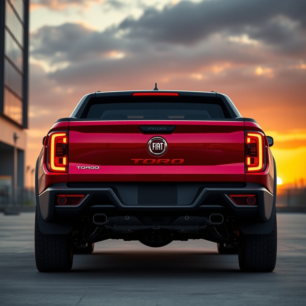 A creative redesign of the rear of a Fiat Toro pickup truck, featuring an aerodynamic tailgate with sharp lines and modern LED taillights that give it a futuristic look