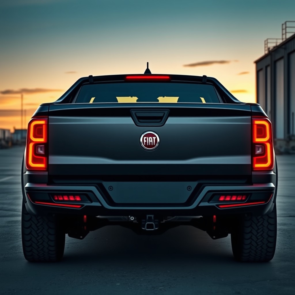 An innovative redesign of the rear of a Fiat Strada pickup truck, showcasing a contemporary and stylish tailgate with sharp, aerodynamic edges and striking LED taillights for a modern touch