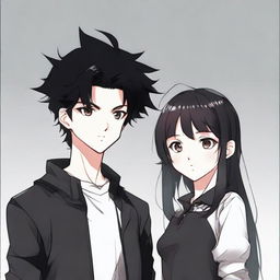 A girl with frizzy black hair and a boy with sleek black hair, both dressed in black, standing close together