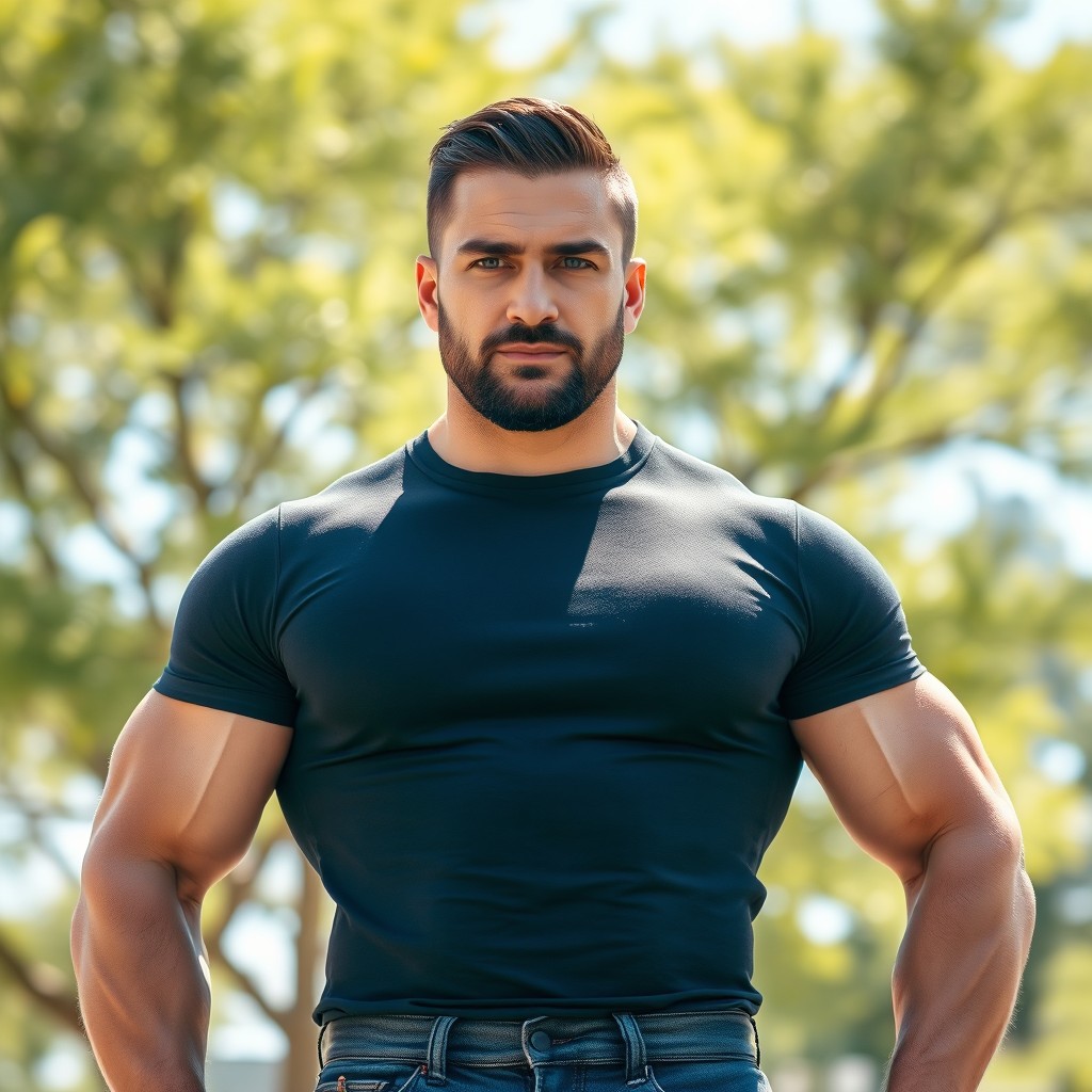 A 40-year-old muscular and handsome man standing confidently, showcasing his chiseled physique