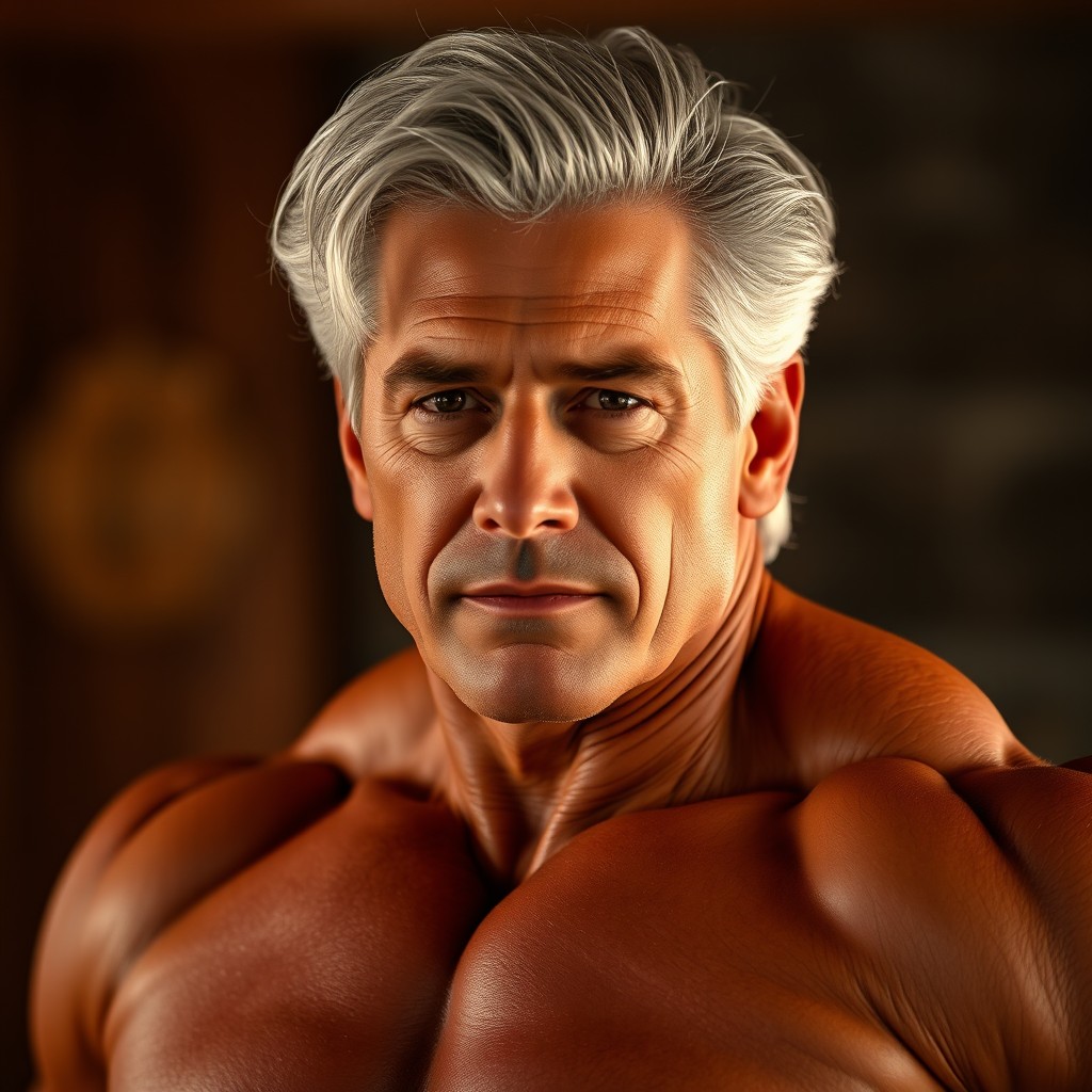 A 40-year-old muscular and handsome American man with some distinguished white hair, showcasing strong, defined features