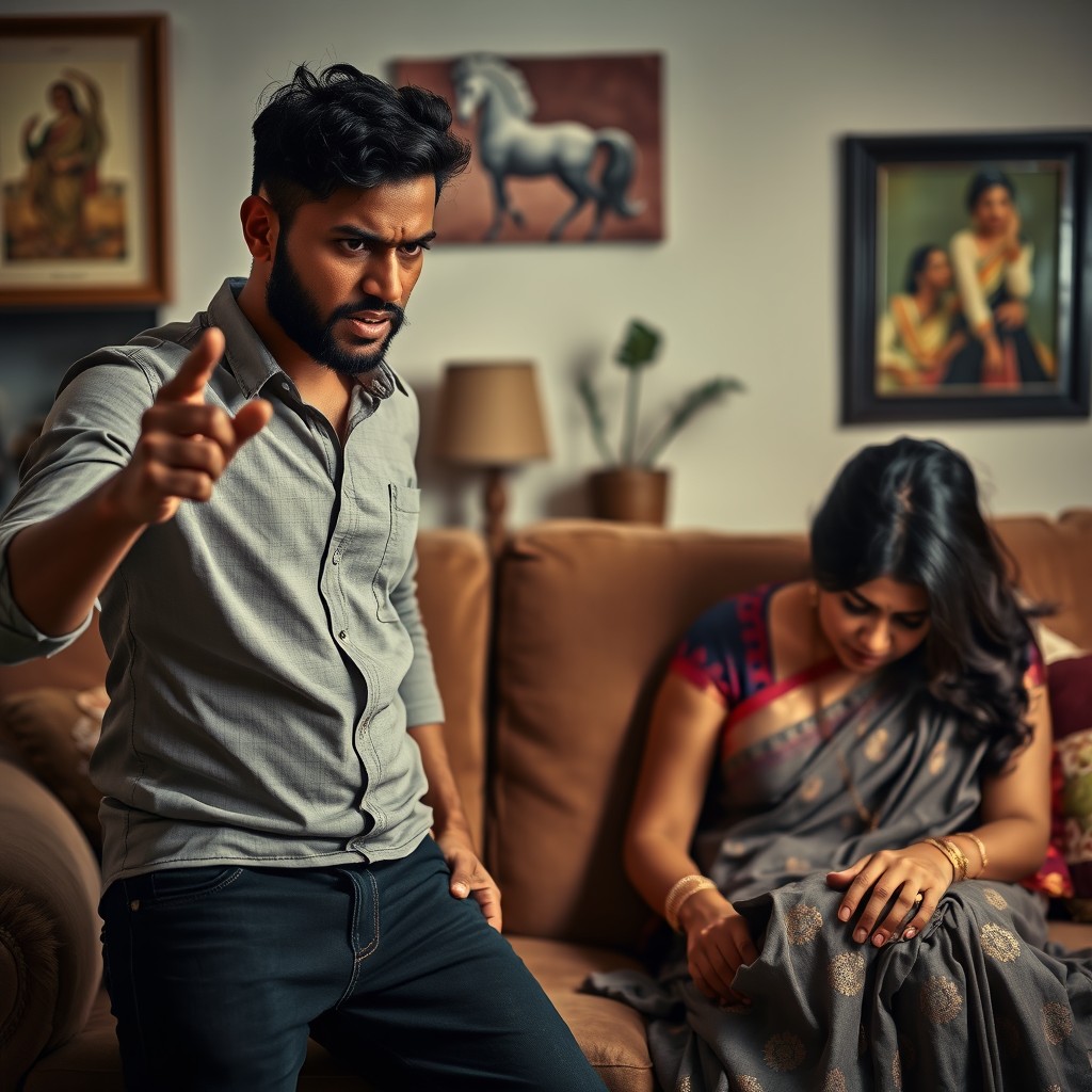 A dramatic domestic scene featuring a young Indian husband with an intense expression, angrily gesturing with his finger pointed towards his wife