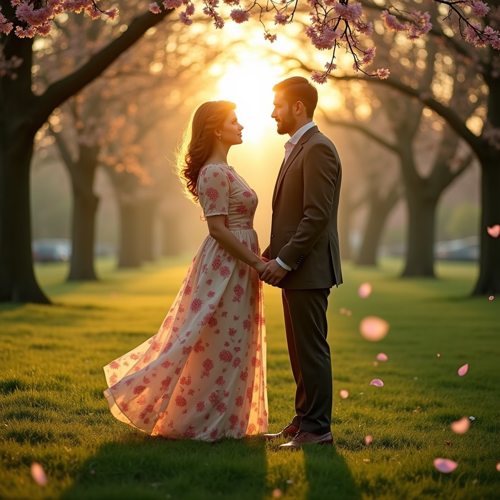 A heartfelt, romantic scene inspired by the theme of time travel, featuring a couple in a lush, green park during spring