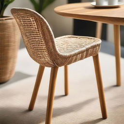 Close-up view of a natural teak wood dining chair embodying a fire design, situated in a warm cafe, accompanied by a lightweight, woven rattan side table.