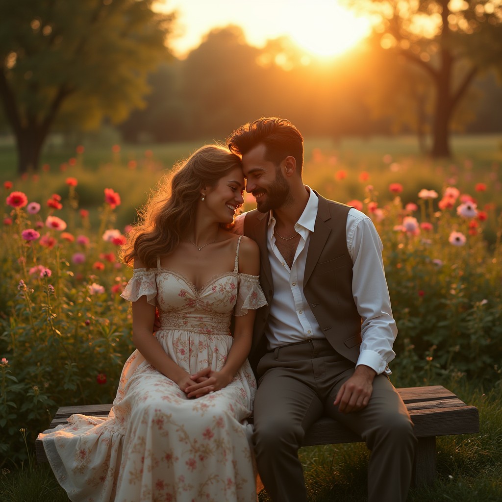 A poignant scene inspired by the novel theme of time travel, depicting a loving couple in a picturesque garden during the golden hour