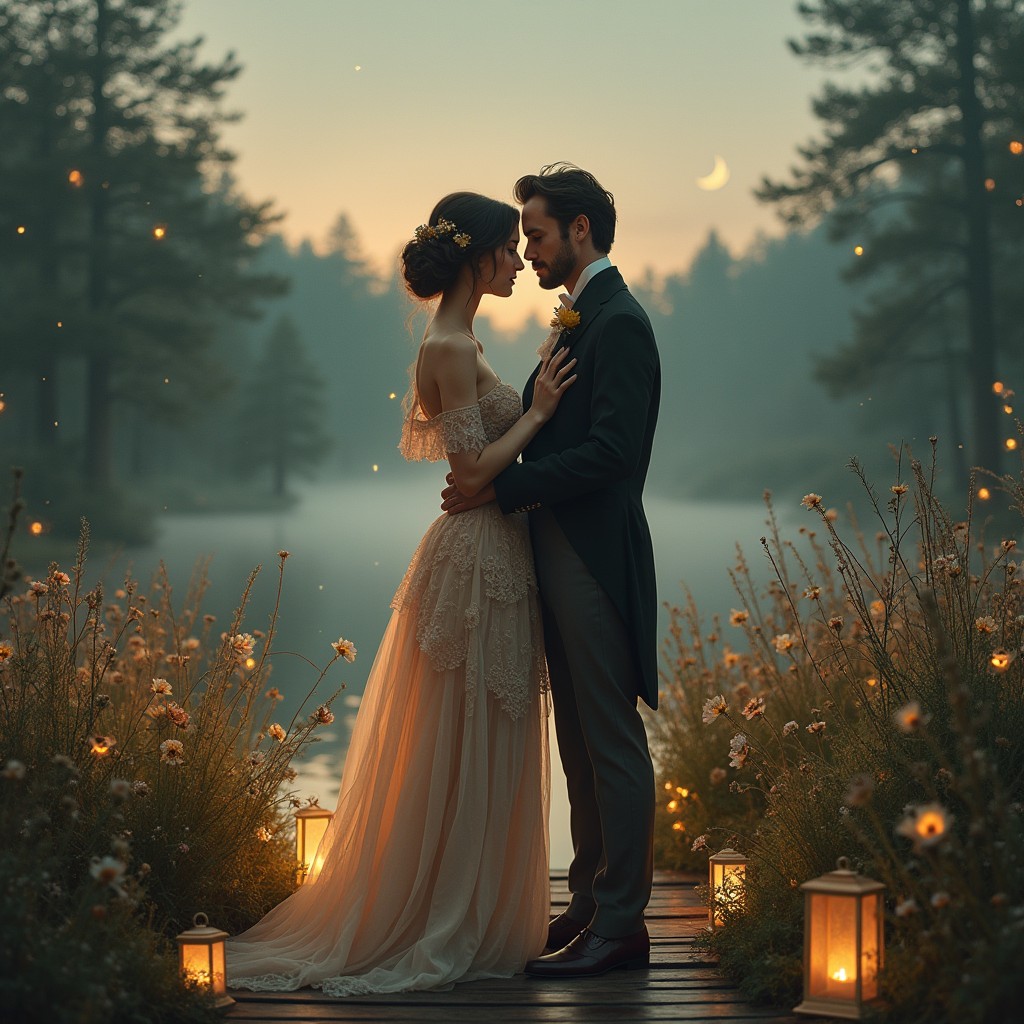 An emotional visualization inspired by 'The Time Traveler's Wife', showcasing a couple in a serene, dreamy landscape where time seems to blend