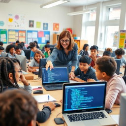 An inclusive classroom filled with a diverse group of students, all engaged in learning computer science