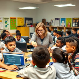 An inclusive classroom filled with a diverse group of students, all engaged in learning computer science