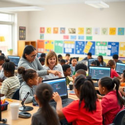 An inclusive classroom filled with a diverse group of students, all engaged in learning computer science