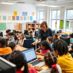 An inclusive classroom filled with a diverse group of students, all engaged in learning computer science