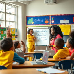 An engaging scene in an elementary inclusion classroom featuring a Black American computer science teacher who is animatedly explaining the fun aspects of learning computer science to a group of diverse students