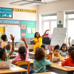 An engaging scene in an elementary inclusion classroom featuring a Black American computer science teacher who is animatedly explaining the fun aspects of learning computer science to a group of diverse students