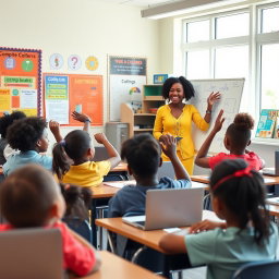 An engaging scene in an elementary inclusion classroom featuring a Black American computer science teacher who is animatedly explaining the fun aspects of learning computer science to a group of diverse students