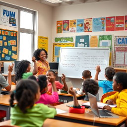 An engaging scene in an elementary inclusion classroom featuring a Black American computer science teacher who is animatedly explaining the fun aspects of learning computer science to a group of diverse students