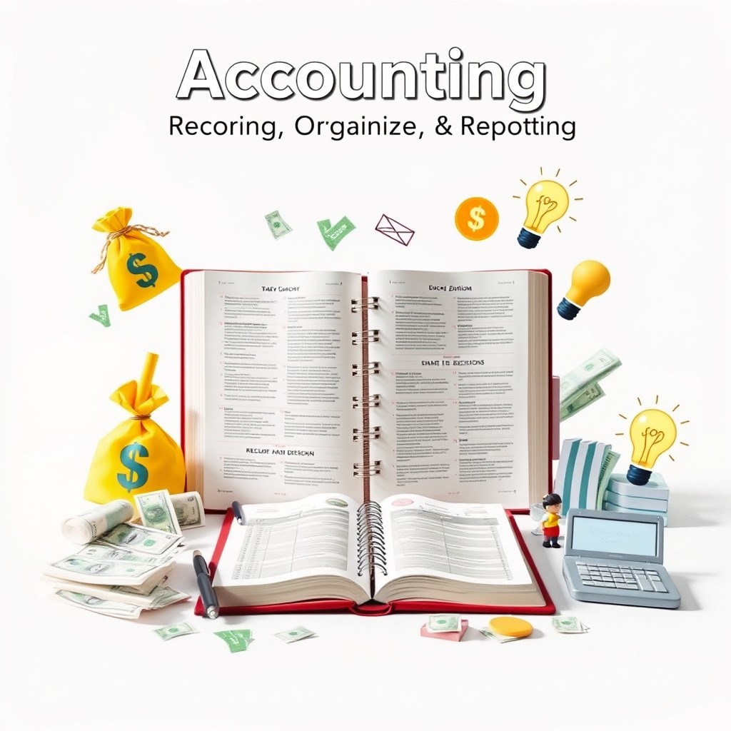 A big open ledger or book in the center of the image, surrounded by various items that symbolize financial activities: a money bag representing income, scattered receipts and bills representing expenses, a student or businessperson actively writing in the ledger, a light bulb symbolizing smart decisions, and a calculator or computer depicting digital accounting tools