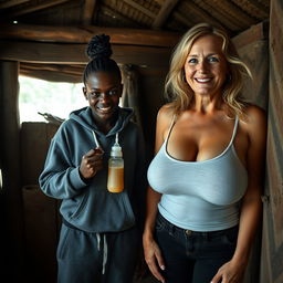 Inside a poor cabin in an African village, there is a sinister young African woman, 19 years old, with very dark skin, short stature, and braided hair styled in a bun