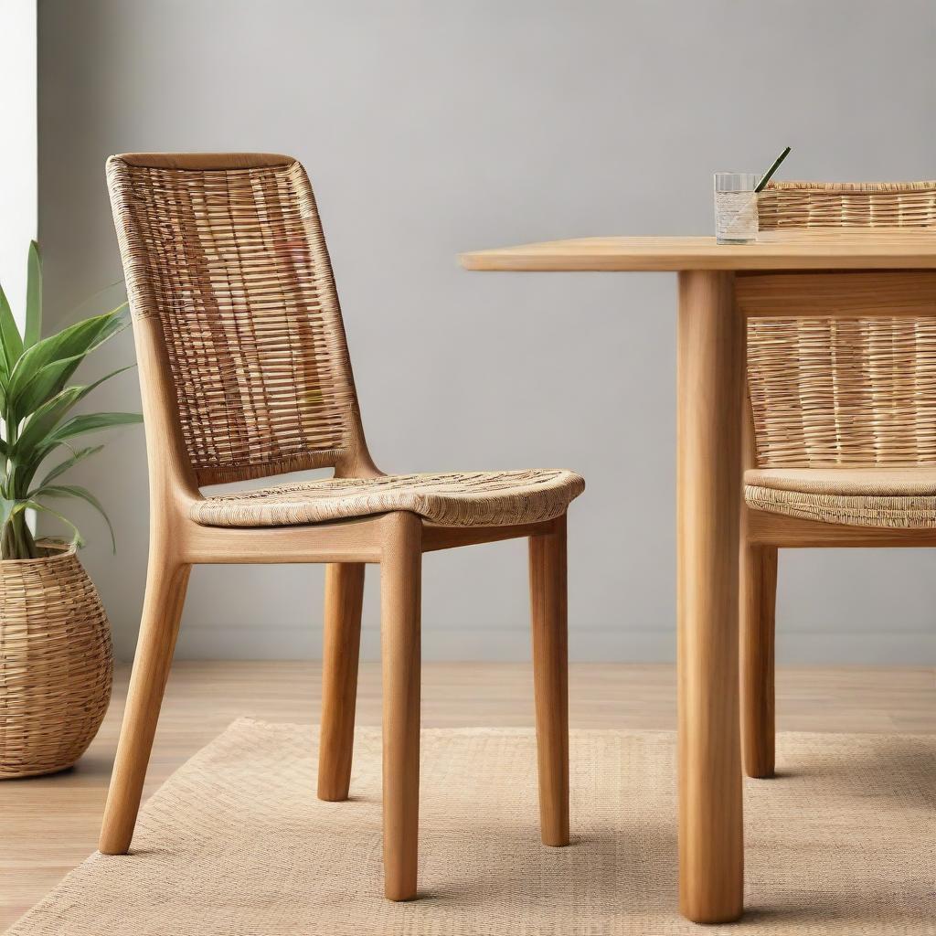 Close-up view of a natural teak wood dining chair embodying a fire design, situated in a warm cafe, accompanied by a lightweight, woven rattan side table.