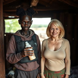 Inside a humble cabin in an African village, there is a malevolent-looking young African woman, 19 years old, with very dark skin, who is emaciated and holds a baby bottle