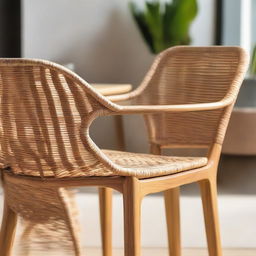 Close-up view of a natural teak wood dining chair embodying a fire design, situated in a warm cafe, accompanied by a lightweight, woven rattan side table.