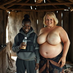 In a dilapidated cabin nestled in an African village, a nefarious young African woman, 19 years old, with jet-black skin, holds a baby bottle