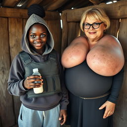 In a destitute cabin in an African village, a malevolent young African woman, 19 years old, displaying very dark skin, holds a baby bottle