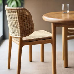 Close-up view of a natural teak wood dining chair embodying a fire design, situated in a warm cafe, accompanied by a lightweight, woven rattan side table.