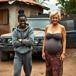 In a modest backyard of an African village, a striking scene unfolds beside a rustic SUV