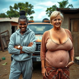 In a modest backyard of an African village, a striking scene unfolds beside a rustic SUV