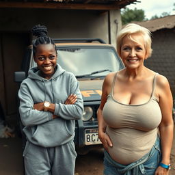 In a modest backyard of an African village, a striking scene unfolds beside a rustic SUV