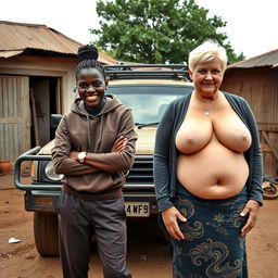 In a modest backyard of an African village, a striking scene unfolds beside a rustic SUV