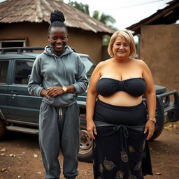 In a modest backyard of an African village, a unique scene unfolds next to a rugged SUV