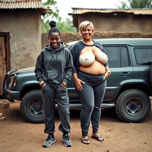 In a modest backyard of an African village, a unique scene unfolds next to a rugged SUV