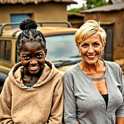 In a modest backyard of an impoverished African village, an intriguing scene unfolds beside a rugged SUV