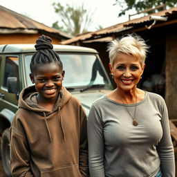 In a modest backyard of an impoverished African village, an intriguing scene unfolds beside a rugged SUV