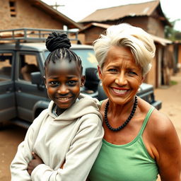 In a modest backyard of an impoverished African village, an intriguing scene unfolds beside a rugged SUV